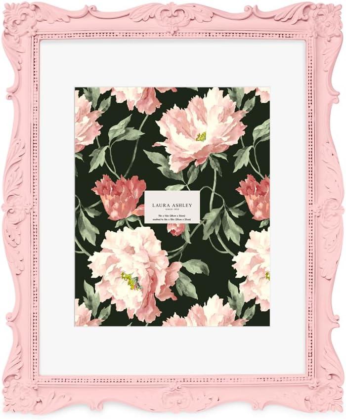 Laura Ashley 11x14 Pink Ornate Textured Hand-Crafted Resin Picture Frame, Wall Mount, Decorative Floral Design Home Dcor, Photo Gallery, Art, More (Pink, 11x14 (Matted 8x10))