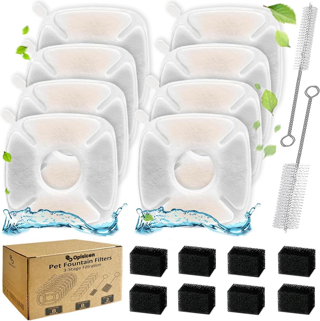 18 Pcs Cat Fountain Filters Replacement Compatible with VEKEN 95oz/2.8L, 67oz/2L, 135oz/4L Pet Fountain, 8 Filters+8 Sponges+2 Brushes