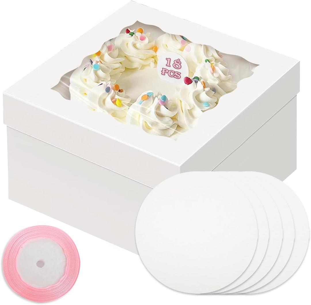 qiqee White 10x10x8 Cake Box, 18 Sets Cake Box with Window 18 Sets 10" Cake Round Boards, 10inch Cake Containers, 10 Meters Pink Silk Ribbon Includes