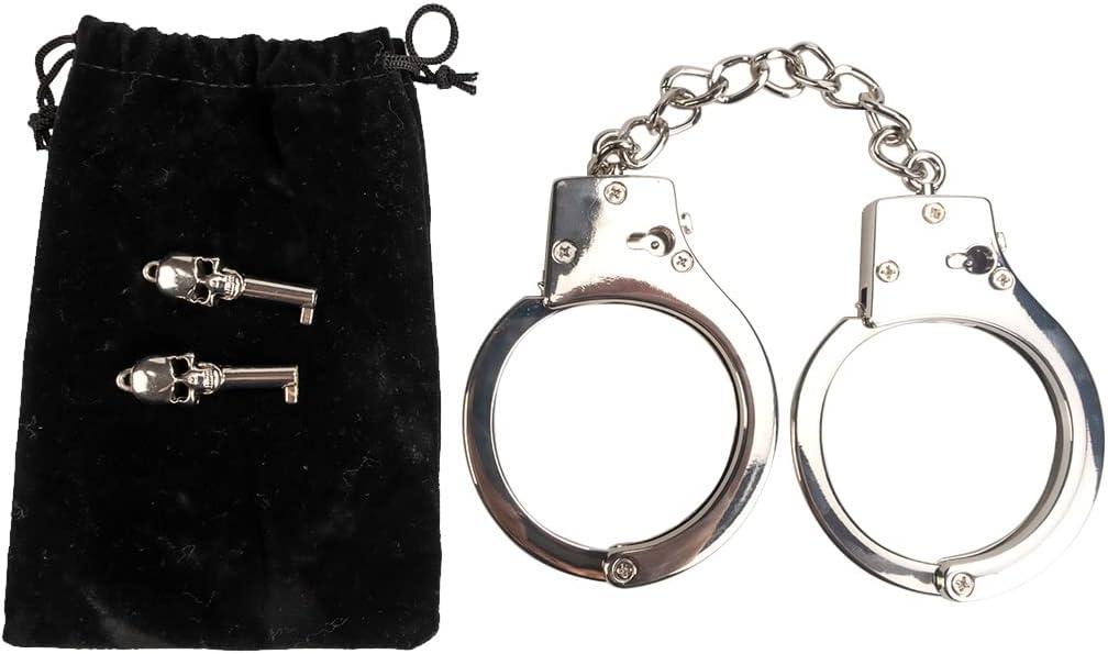 HISET Metal Handcuffs with Two Skull Keys - Prop Toy Handcuffs (Silver), Small