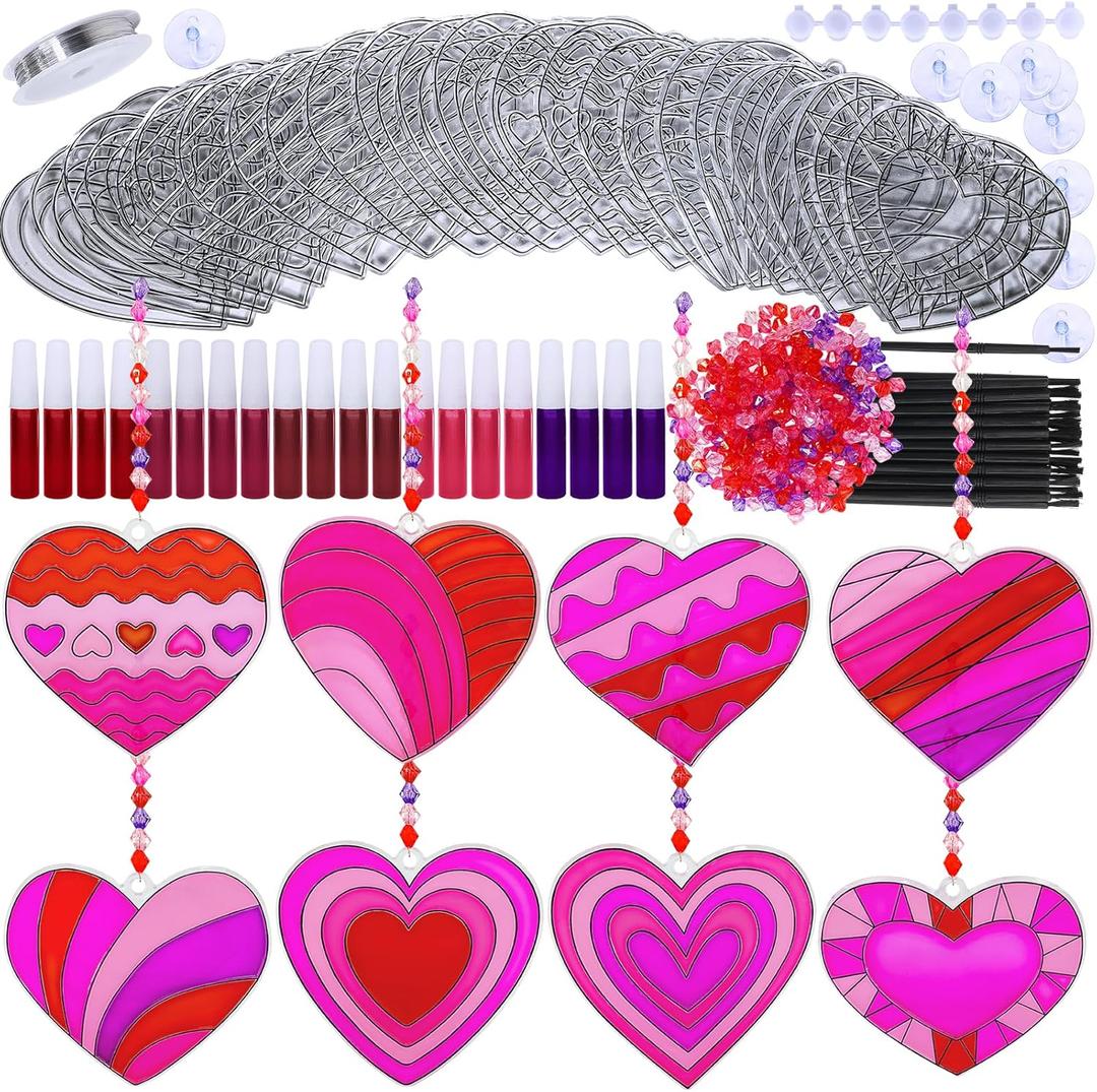 Winlyn 24 Sets Heart Suncatchers Ornaments Decorations DIY Window Paint Art Stickers Craft Kits Heart Sun Catchers for Kids Valentine's Day Classroom Activities Art Project Party Favors Gift Exchange