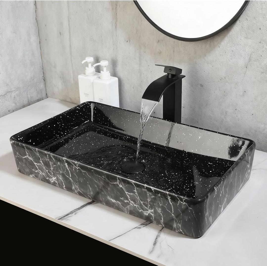 Bathroom Vessel Sink 24'' Ceramic Vessel Sinks with Faucet and Drain Combo Marbling Matte Black Vessel Sink Rectangular Bathroom Sink Above Counter vessel sink