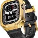 SUPLINK Stainless Steel Case with Silicone Band Compatible with Apple Watch Ultra Bands/Apple Watch Ultra 2 Bands 49mm, Metal Rugged Protector Cover for iWatch Band Men Gold