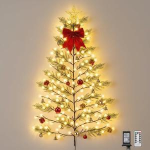 Lighted Christmas Wall Tree Mode Remote Control Hanging Tree Light with Xmas Ball Bow Star Green Stripe Garland Poinsettias Without Battery Half for Living Room Xmas Wall Decor
