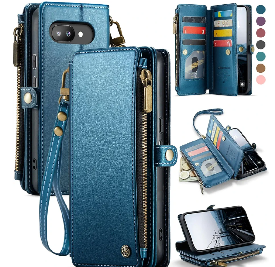 Defencase for Google Pixel 9a Case Wallet with RFID Blocking Card Holder for Women Men, Fashion PU Leather Magnetic Snap Flip Zipper Wrist Strap Wallet Phone Case for Google Pixel 9A 6.3", Dark Blue