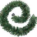 9FT Pre-Lit Christmas Garland with 50 LED Lights, 220 Lush Green Branches Battery Operated, 8 Modes IP44 Waterproof Timer, Warm White for Indoor Outdoor Holiday Mantle Stair Decor