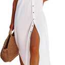Dokotoo Swimsuit Beach Vacation Clothes Cover Ups for Women 2026 Outfits Summer Dresses Button Down Long Kimonos Cardigan Short Sleeve Side Split Casual Solid Loose Fit Fashion Bathing Suit White S