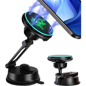 Certified Qi2 Car Phone Mount Charger for MagSafe, 360 Adjustable & Folding Arm, Universal Dashboard Windshield Mirror Screen Magnetic Holder for Tesla Model 3/Y Accessories & iPhone 17/16/15 Pro Max
