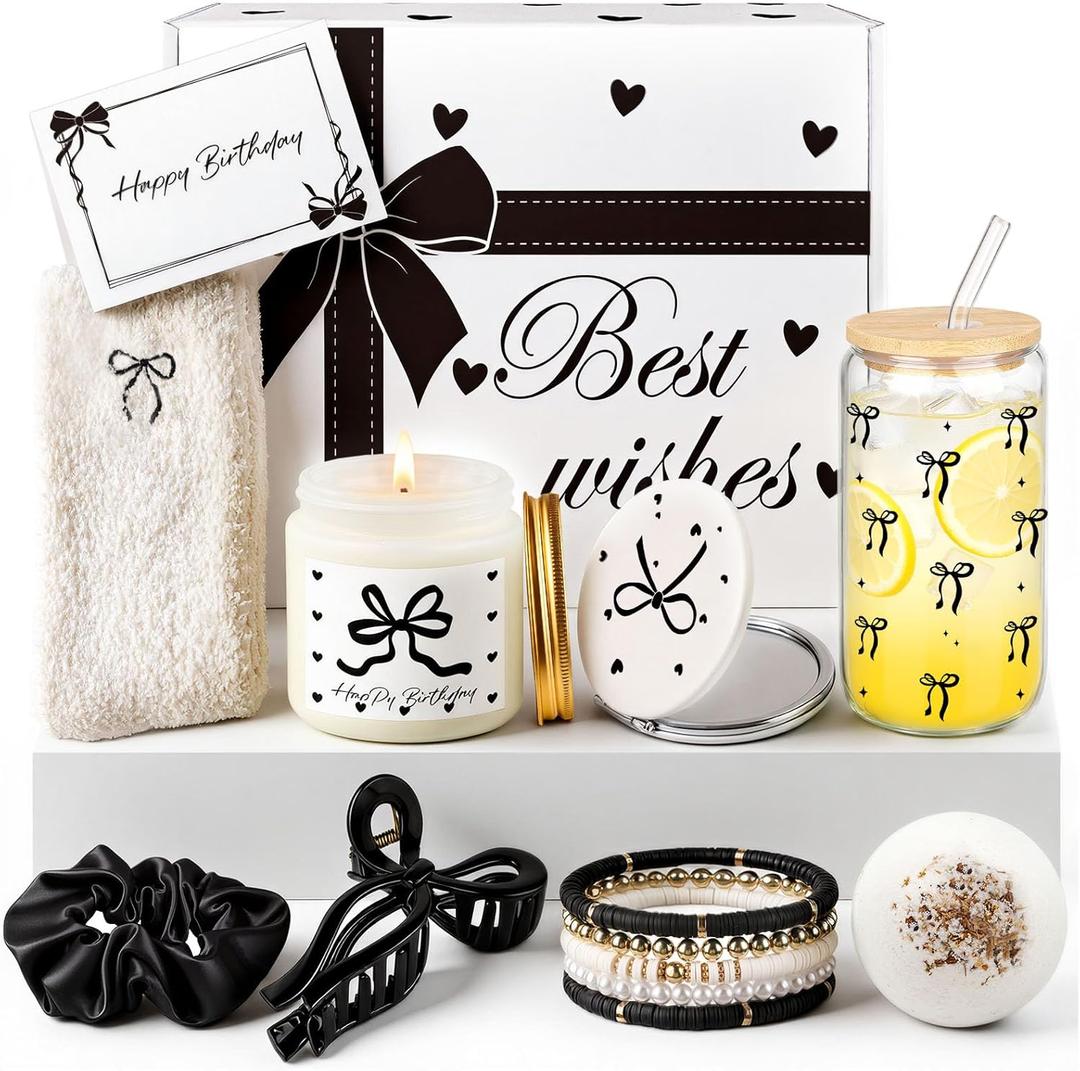 Elegant Birthday Gifts for Women, Black Bow Unique Birthday Relaxing Gifts Box with Scented Candles, Greeting Card & Home-Spa Relaxation, Birthdays Presents for Her, Best Friend, Sister, Wife