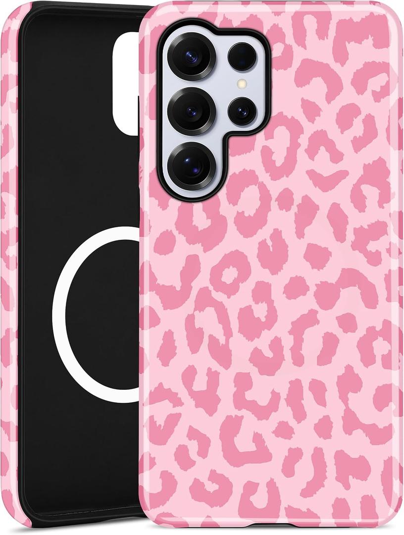 Magnetic Cheetah Phone Case for Samsung Galaxy S25 Ultra, Compatible with MagSafe, Cute Pink Aesthetic Leopard Print Soft TPU and Hard PC Shockproof Protective Phone Cover for Women Girls