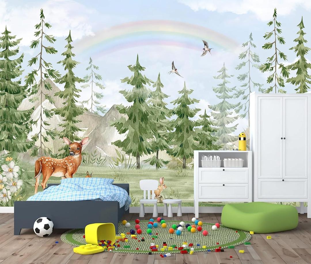 Forest Animals Kids Wallpaper Peel and Stick Nursery Pine Tree Self Adhesive Wall Mural for Children's Room Bedroom 137"x100"