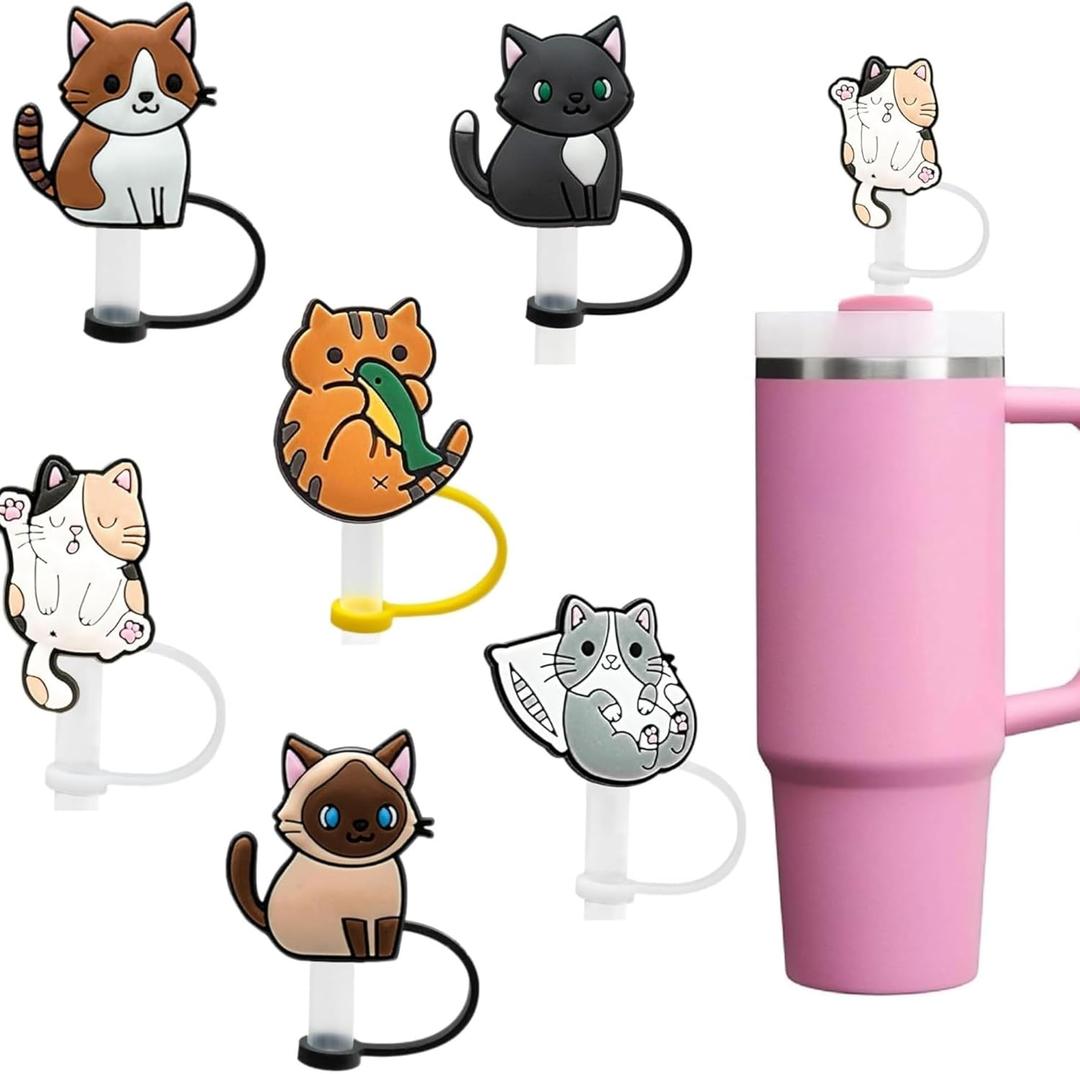 6 Pcs 10mm Cat Straw Covers for Stanley Cup, Reusable Cat Straw Toppers For Stanley Cups Lids Tips Protectors, Cat Lover Accessories (Straw Toppers 2)