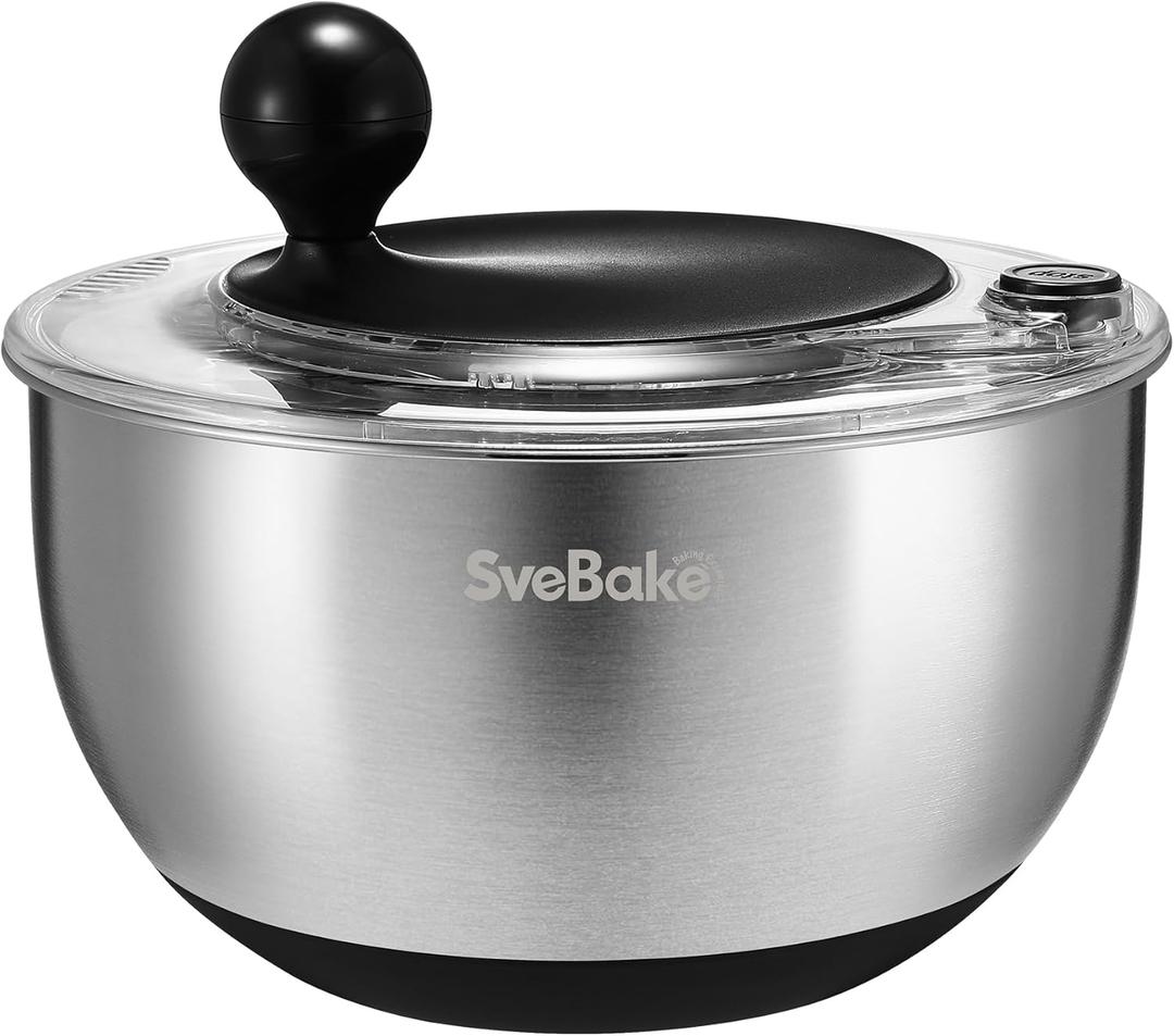 5.3Qt Stainless Steel Salad Spinner with Stop Button, BPA-Free Vegetable Lettuce Spinner, Transparent Lid & Drainage Hole, Non-Slip Base, Dishwasher Safe Fruit Washer (Black&Transparent)