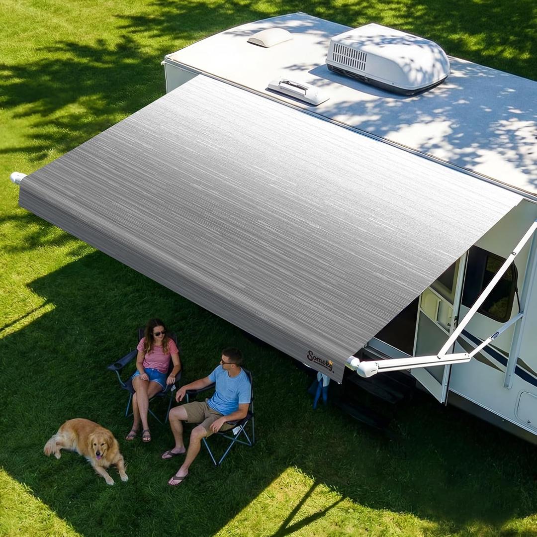 RV Awning Fabric Replacement, 19.5oz Heavy-Duty Vinyl Camper Awning, Heat-Sealed Seamless, DIY Setup, UPF 50+ Waterproof Canopy for Camper, Trailer, Motorhome (Graphite Gray, 10FT(Fabric 9'2"))