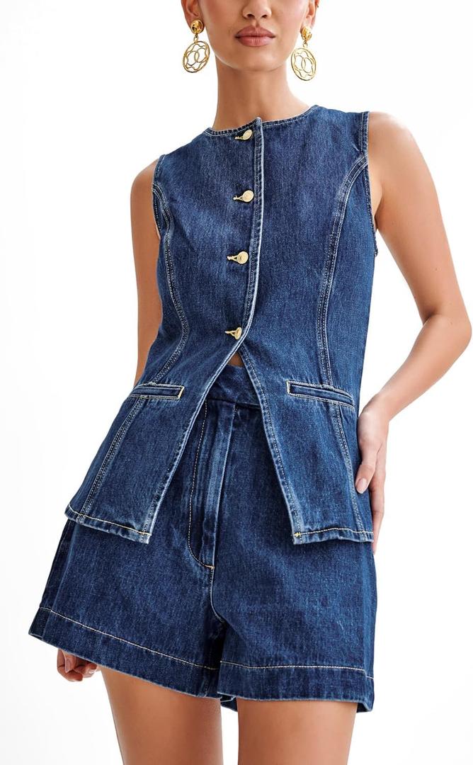 Women's Denim 2 Piece Set Casual Business Sleeveless Jean Blazer Vest Tops and High Waist Jean Shorts Outfit (Large)
