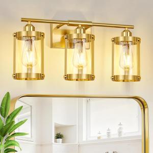 3-Light Brushed Gold Bathroom Light Fixtures, 21 Inch Modern Bathroom Vanity Lighting Fixtures Over Mirror with Clear Glass and Metal Cage Wall Sconce Lights for Bath, E26, OS-3014BG-3W