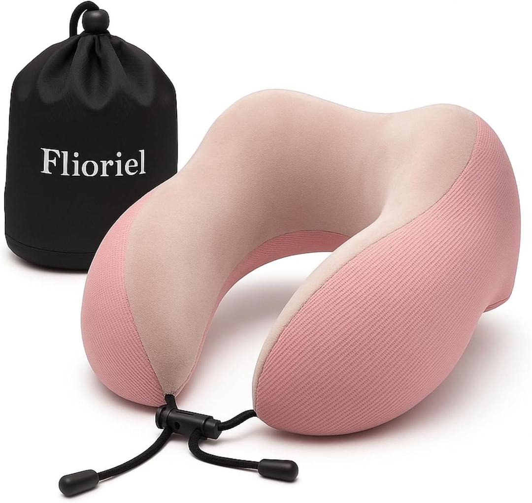 Travel Pillow for Airplane with Soft Memory Foam, U-Shaped Neck Support, Plush & Waffle Washable Cover with Lanyard for Car, Office & Camping (Pink)