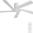 WINGBO 48 Inch Flush Mount DC Ceiling Fans without Lights, 5 Carved Solid Wood Blades, 6-Speed Reversible DC Motor, Low Profile Hugger Ceiling Fan No Lights for Indoor and Outdoor, Gloss White