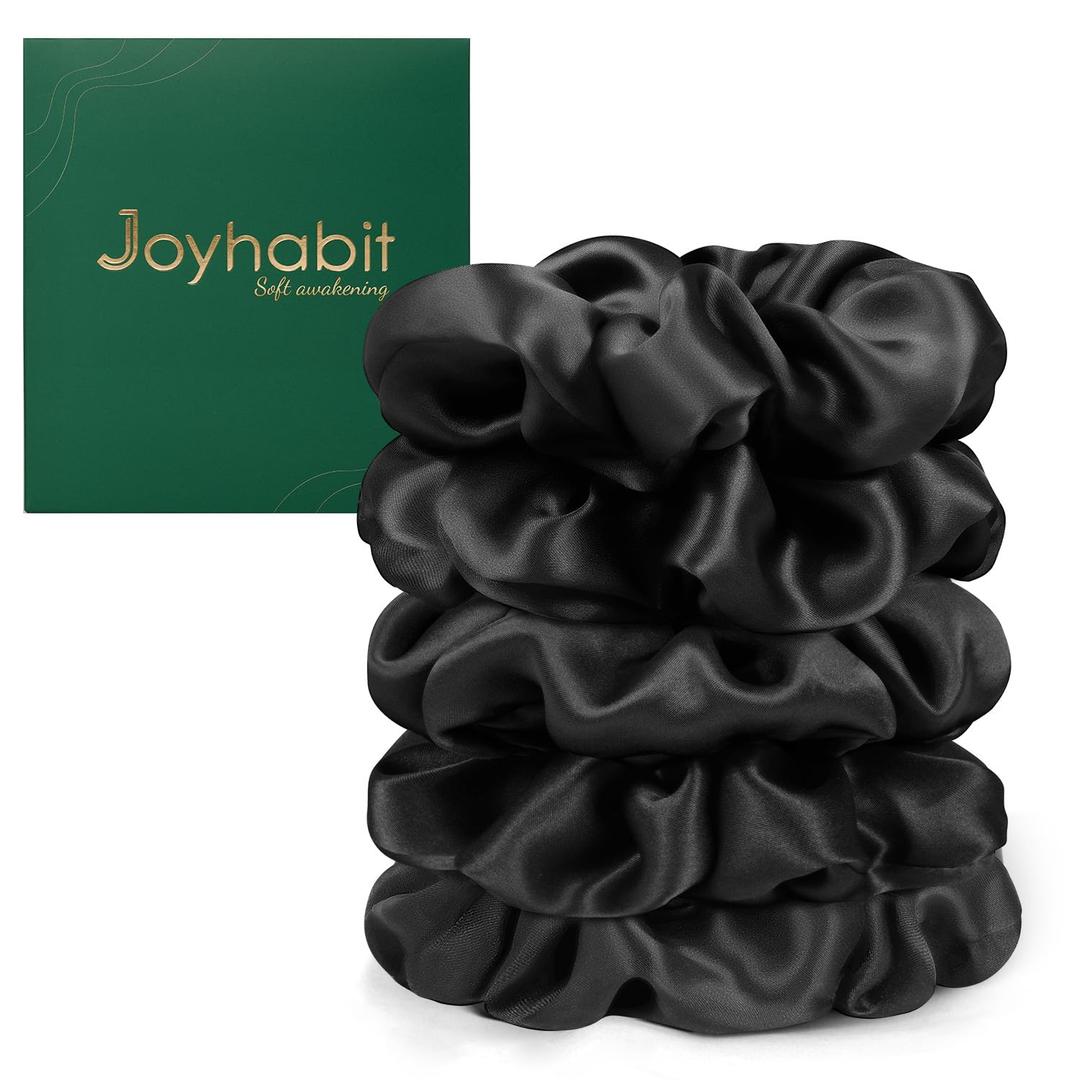 Joyhabit Silk Scrunchies for Women 5 Pcs Black | 4CM Premium Elastic Hair Ties No Damage No Pull, Soft for All Hair Types, Comfortable for Sleep & Daily Styling (1 Count (Pack of 5))