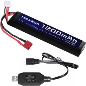 7.4V 2S 1200mAh Airsoft Battery Lipo Batteries T Plug 30C High Discharge Rate Rechargeable 2S Lipo Battery for Airsoft Model Guns with 7.4v Battery Charger