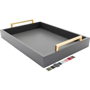 Decorative Coffee Table Tray - Ottoman Tray - Breakfast, Drinks, Liquor Serving Tray - from Farmhouse to Modern - Matte Finish - Brushed Champagne Gold Handles - Charcoal