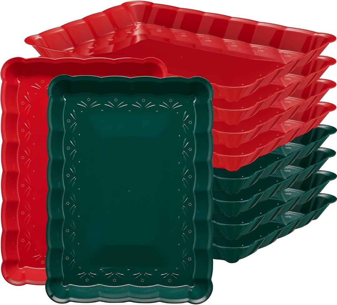 Plasticpro Plastic Serving Trays - Serving Platters Rectangle 9X13 Disposable Party Dish Includes 4 Green & 4 Red Christmass Trays