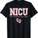 NICU Nurse Neonatal Care Pink Gingham Heart Baby Footprints T-Shirt, S