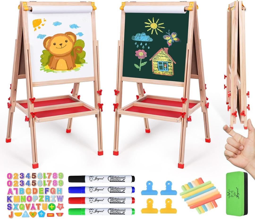 Joyooss Art Easel for Kids Easel, Foldable Toddler Easel for Painting Double Sided Whiteboard & Chalkboard, Standing Drawing Board with Paper Roll Children Easel for Kids Ages 2-4 4-8 8-12