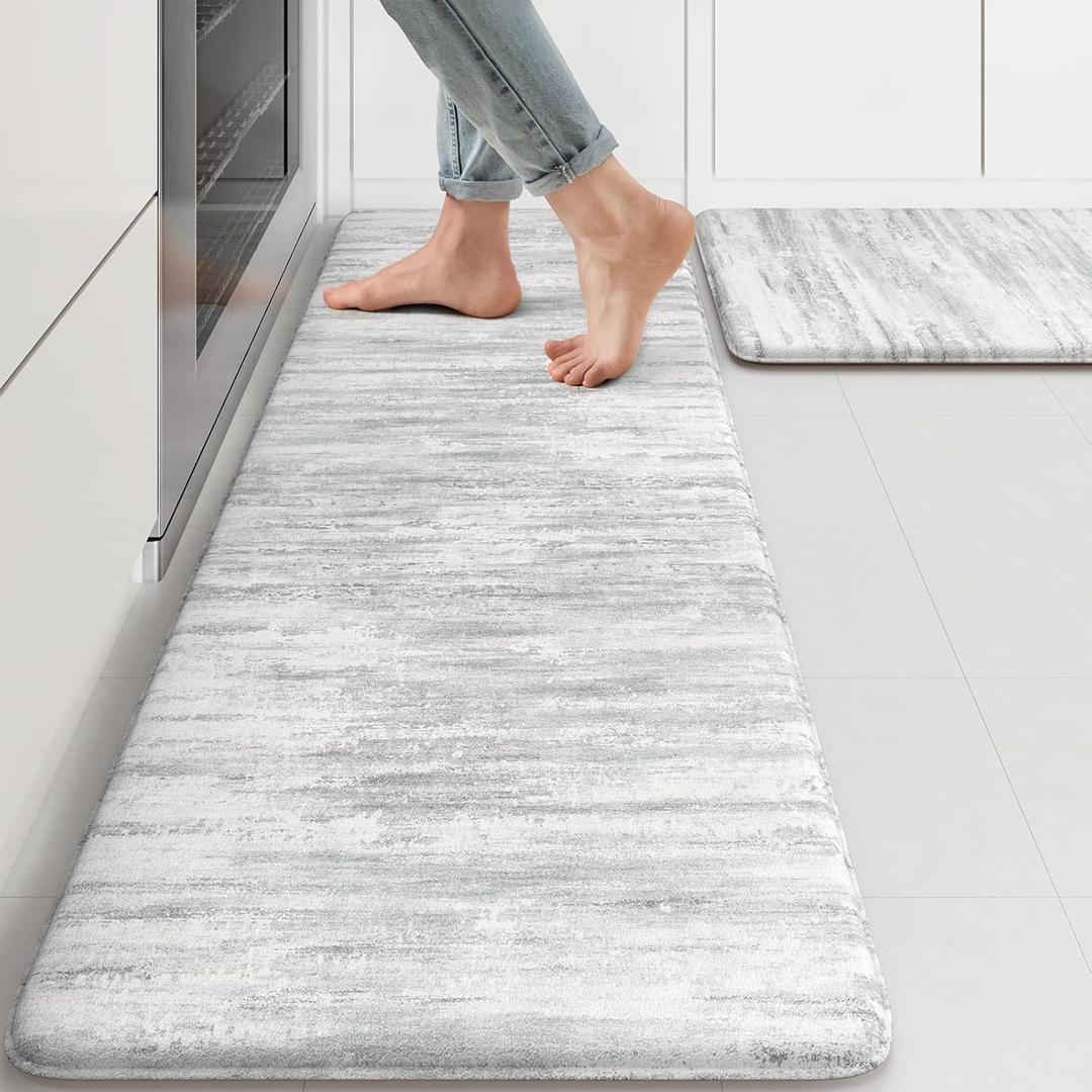 KIMODE Anti Fatigue Kitchen Mats for Floor, Abstract Farmhouse Kitchen Rugs, Cushioned Kitchen Floor Mats, Comfort Standing Mat for Sink, Laundry, Office, Desk Multi-Grey 17"x47"+17"x29"