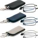 REAVEE 3 Pack Folding Reading Glasses with Keychain Compact Bags Women Men Blue Light Blocking Spring Hinge Portable Pocket Readers,Black Grey and Blue 0.0