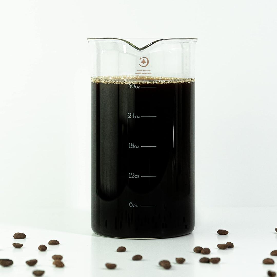 French Press Replacement Glass by Cafe Crush Club - Fire Hardened Borosilicate Beaker - 34 Ounce | 1 Liter Size with White Measures