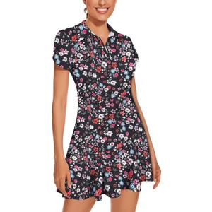 LURANEE Athletic Dress for Women Petal Short Sleeve Tennis Dresses with Shorts and Pockets Flowy Golf Outfits (Medium, Flowers Black)