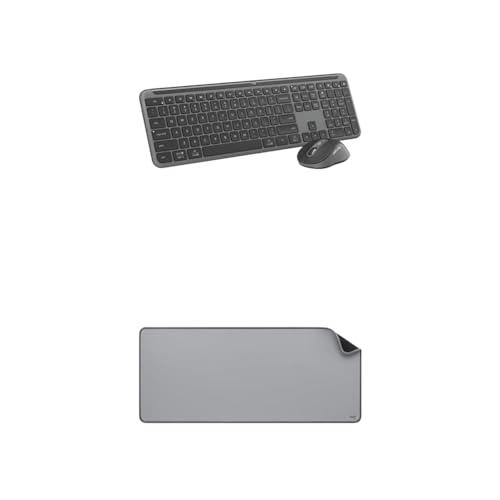 Logitech MK955 Signature Slim Wireless Keyboard and Mouse Combo, Quiet Typing, Switch Across Three Devices, Bluetooth, Multi-OS, Windows and Mac - Graphite + Desk Mat - Studio Series, Mid-Grey
