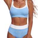 BMJL Women's High Waisted Bikini Sets for Women Color Block Ribbed Two Piece Swimsuit Removable Padding Full Coverage Bikini (Blue, Medium)