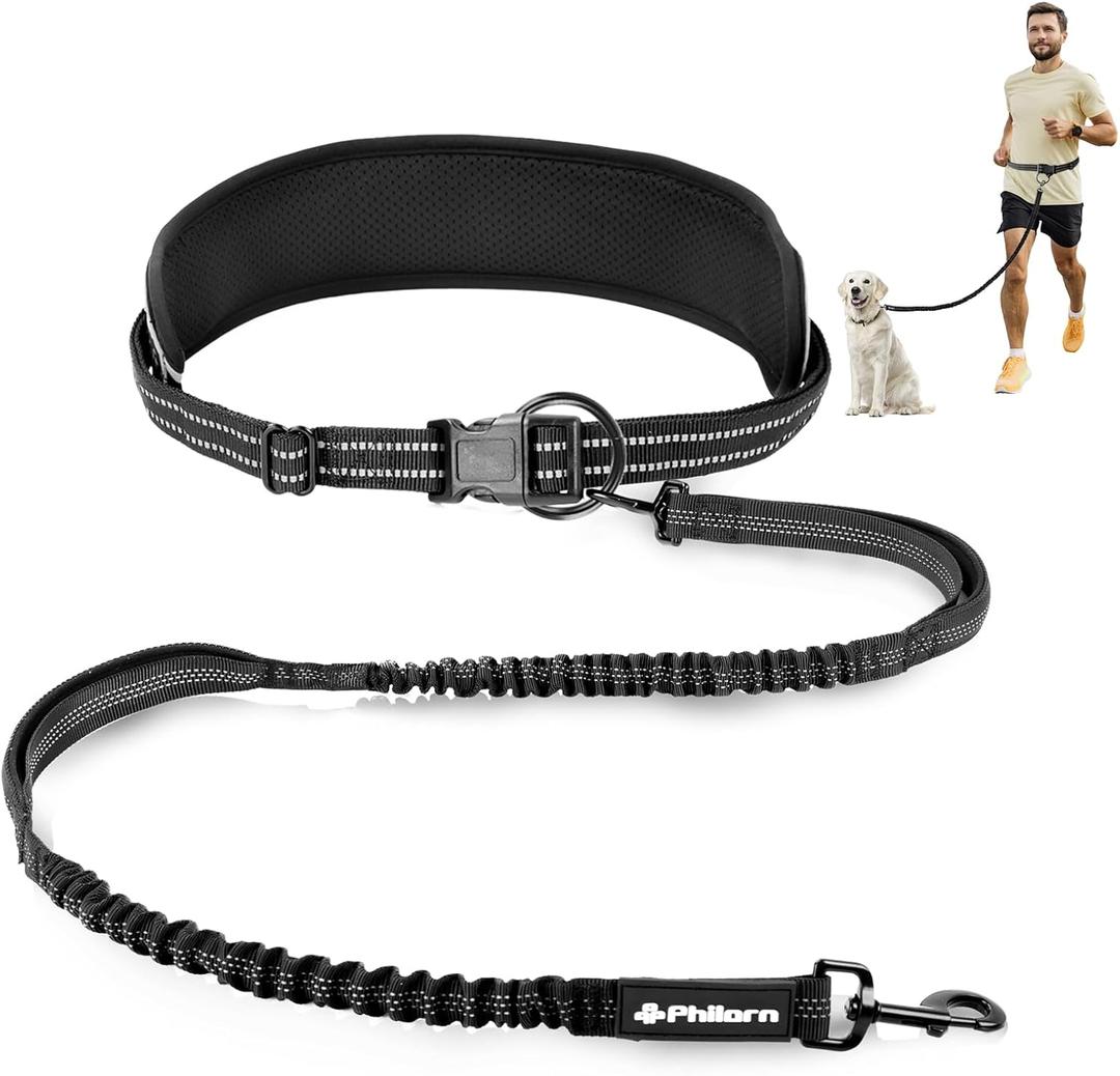 Philorn Hands Free Dog Leash, Waist Belt Leash for Large Medium Dogs for Running, Walking, Jogging and Hiking, Dual Padded Handles and Durable Bungee - Black