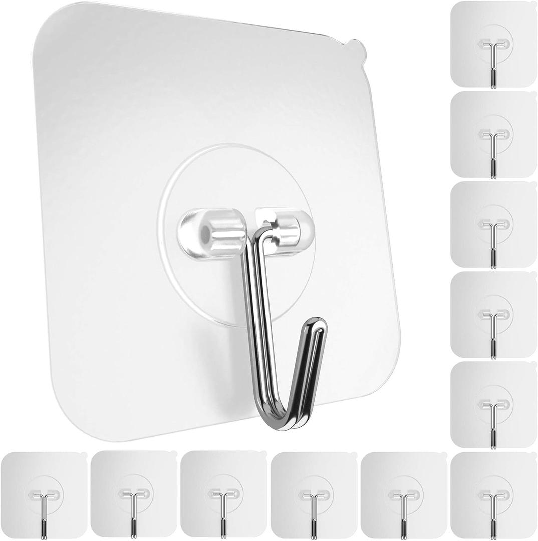 GLUIT Adhesive Wall Hooks for Hanging Heavy Duty 22 lbs Hooks for Walls No Damage, Towel Sticky Clear Hooks, Waterproof, Home, Bathroom, Kitchen, Office, and Outdoor 12 Pack