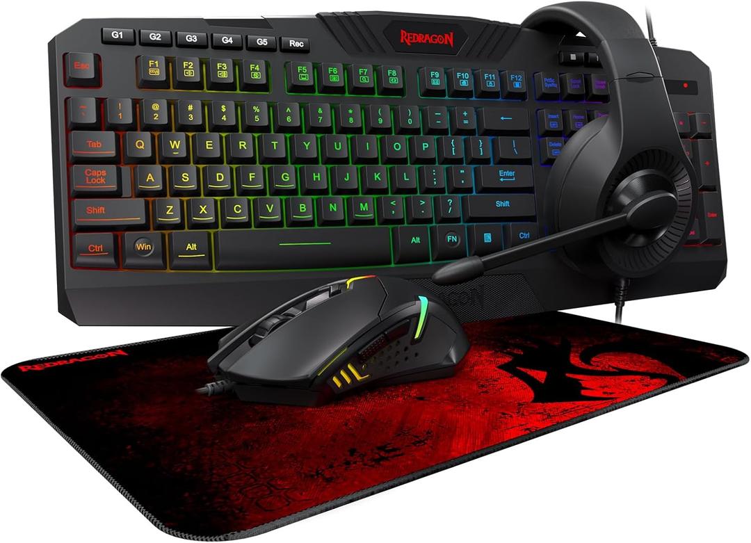 Redragon S101-3 Wired RGB Backlit Gaming Keyboard and Mouse Combo, Programmable Keyboard and Mouse (800-7200DPI), Gaming Headset Mouse Pad Combo All in 1 PC Gamer Bundle for Windows PCBlack)
