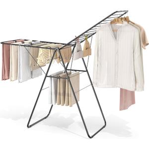 KINGBOARD Clothes Drying Rack Foldable, Drying Rack Clothing with Height-Adjustable, Metal Laundry Rack, Indoor Outdoor Use, No Assembly, 20.47"x 70"x 42.52", Black