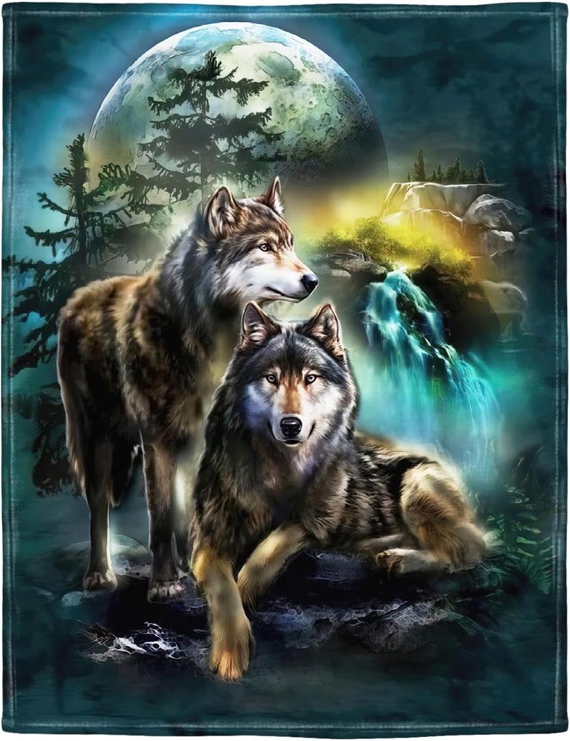 HommomH 40"x50" Blanket Soft Fluffy Fleece Throw for Sofa Bed Moon Wolf Green