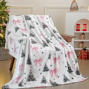 FuWeave 50 x 60 Inches Pink Christmas Throw Blanket Cute Soft Warm Lightweight Christmas Tree Blanket for Sofa Bed Gift Decor