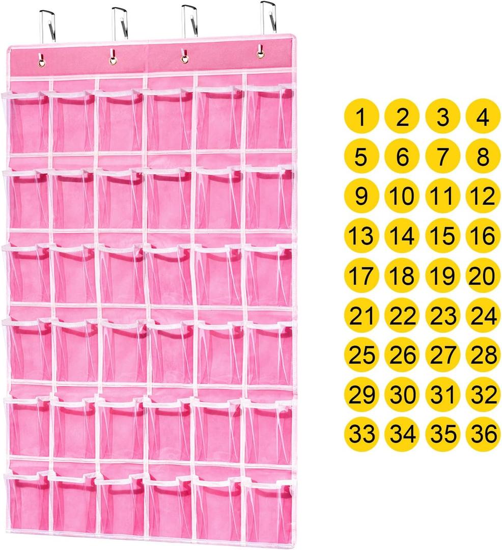 ANSTROUT 36 Clear Pockets Classroom Pocket Chart for Cell Phones, Pocket Chart Organizer for Calculator Holder with 36 Number Sticker Classroom Hanging Cell Phones Organizer (Pink)