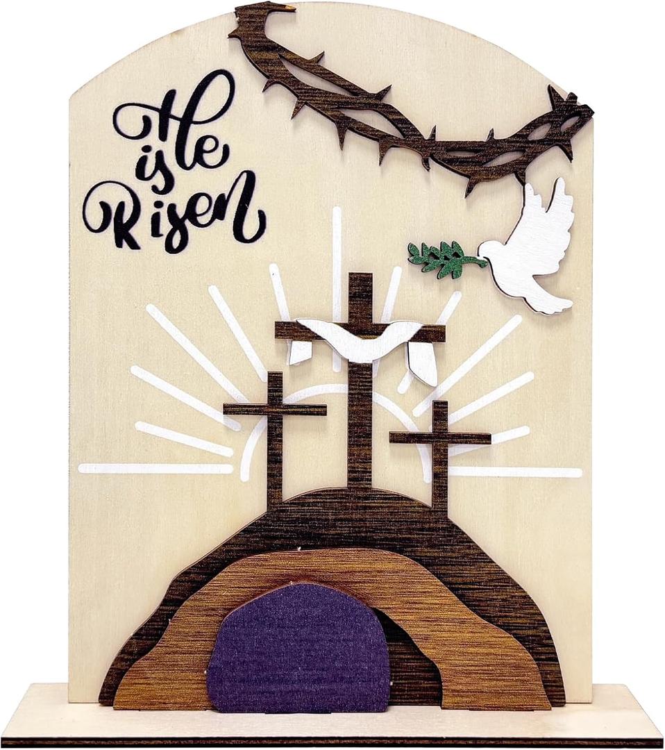 Empty Tomb Easter Scene and Christian Cross Decoration Wooden Easter Resurrection Scene Jesus Resurrection Scene for Religious for Display Home Office Tabletop Tray, Church, Shelf Decor