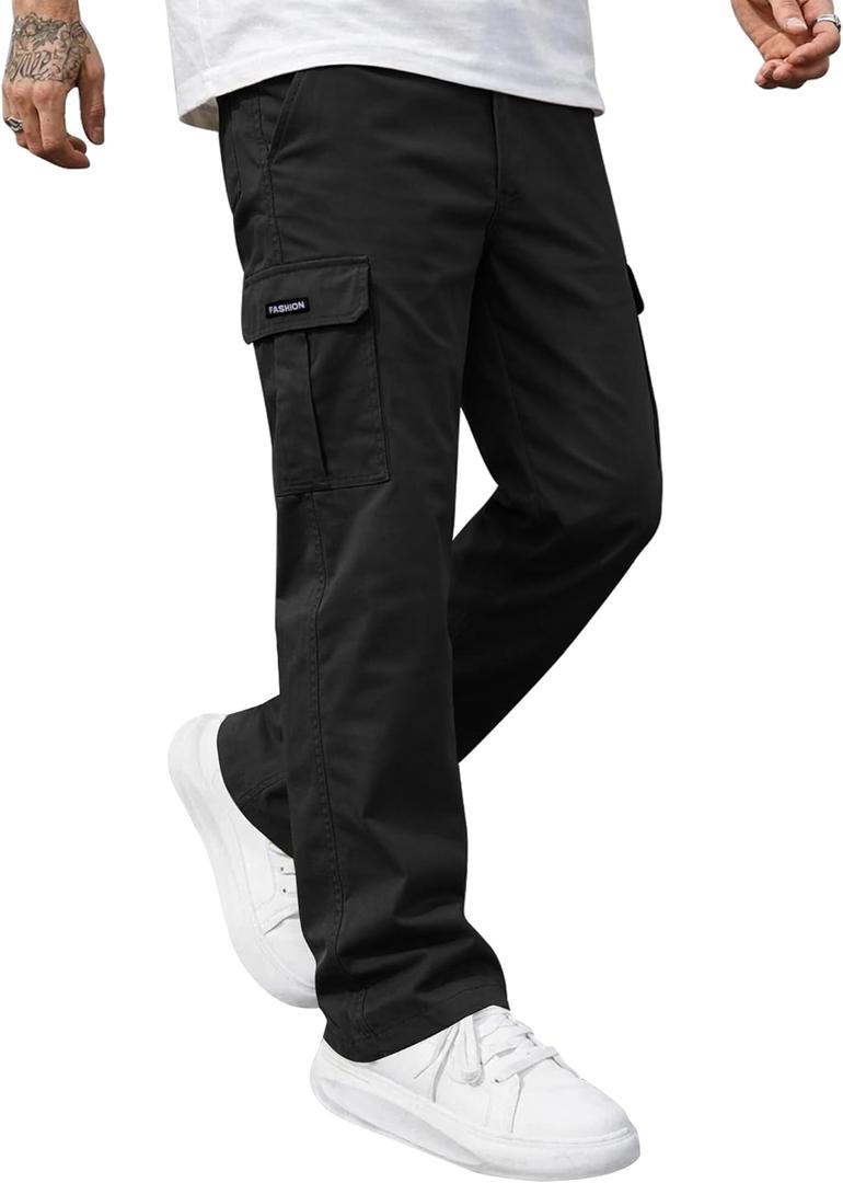 Men's Casual Cargo Pants Elastic Waist Hiking Work Pants Stretch Straight Leg Trousers with Multi Pockets (Black, M)