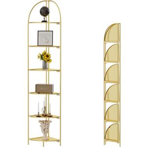 Crofy Foldable 6 Tier Corner Shelf, Metal Corner Plant Stand with Gold Frame and Gold Shelves, Corner Display Rack Multipurpose Shelving Unit for Living Room, Bedroom, Bathroom