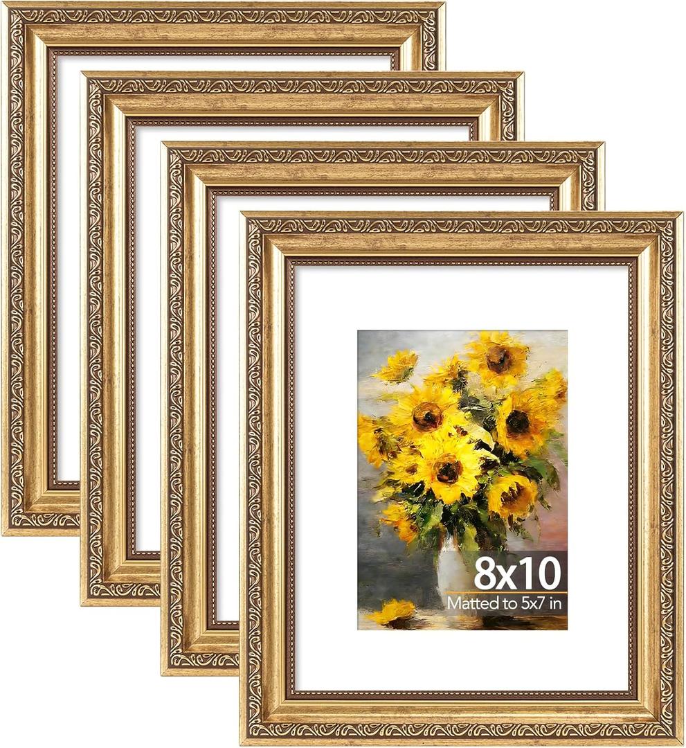JCJMY 8x10 Vintage Picture Frame with 5x7 Mat Set of 4, Elegant Retro 8 by 10 Photo Frame with Shatter-Resistant Plexiglass for Wall or Tabletop Display, Gallery Decor & Gift, Gold, 4 Pack
