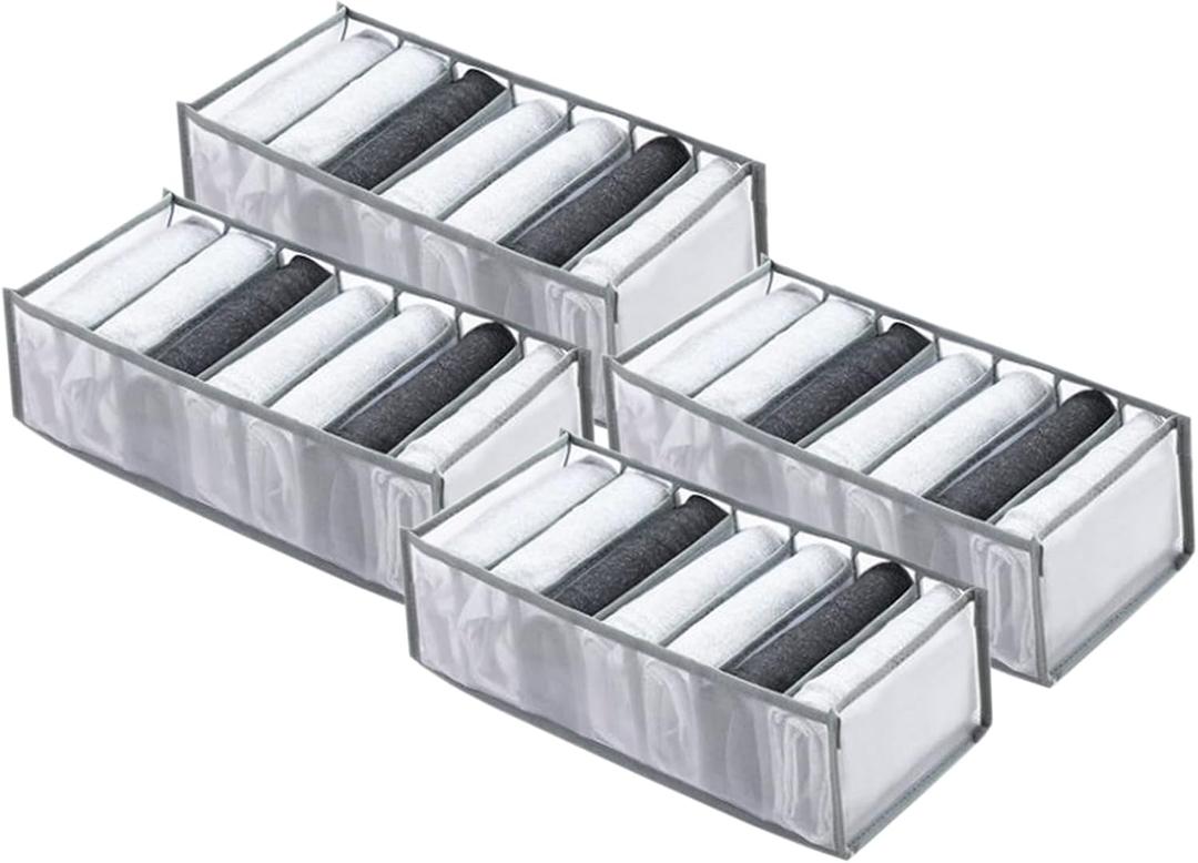 Wardrobe Clothes Organizer 7 Grids Portable Closet Organizer Mesh Separation Storage Box Foldable Closet Drawer Organizer for Underwear Socks Scarves Leggings (Grey, 4 Leggings Grid)