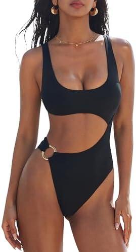 SUUKSESS Women Sexy One Piece Tummy Control Swimsuit Cutout Backless Bathing Suit (M, Black)