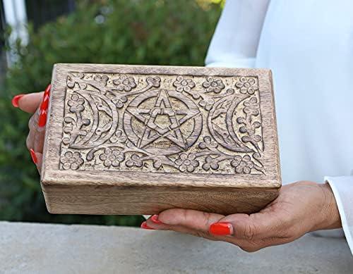 DharmaObjects Hand Carved Jewelry Trinket Keepsake Wooden Storage Box (Triple Moon, Large) Hamsa 8x5