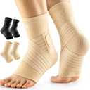Low-Profile Ankle Braces for Women & Men, Customizable Ankle Compression Sleeve w/Wide Strap, Foot Support Wrap for Plantar Fasciitis Pain Relief, Achilles Tendonitis, Sprain, Beige, 1 Pair, L