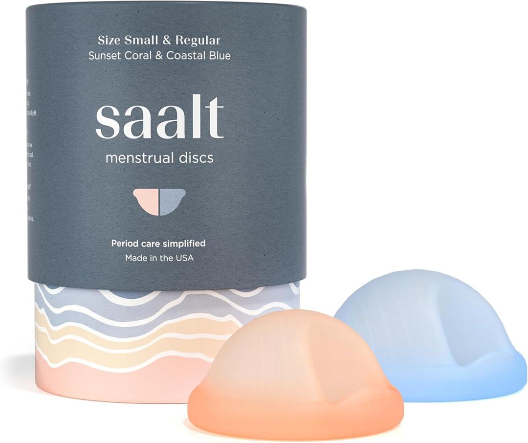 Saalt Menstrual Disc Duo - Soft, Flexible, Reusable Medical-Grade Silicone, Wear 12 Hours, Removal Notch Duo, Includes Both Sizes, Menstrual Cup | Tampon Alternative, Made in USA, Lasts 10 Years (Regular Blue & Small Coral)